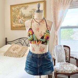 y2k roxy multicolor geometric print halter bikini top size xs